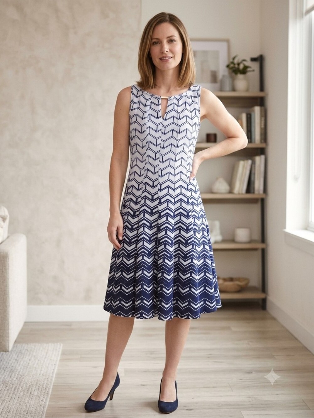 HAANI Geometric Optical Print Midi Dress Medium Navy Blue White Keyhole